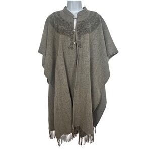 Molina Vintage 100% Wool Poncho Grey Aztec Calendar Print Fringe Made in Mexico